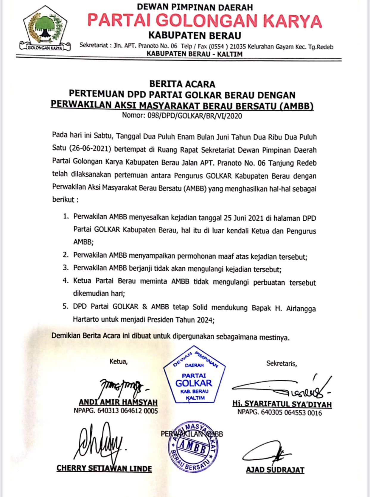 Aksi Masyarakat Berau Bersatu Memohon Maaf, Ini Tanggapan GOLKAR Kaltim